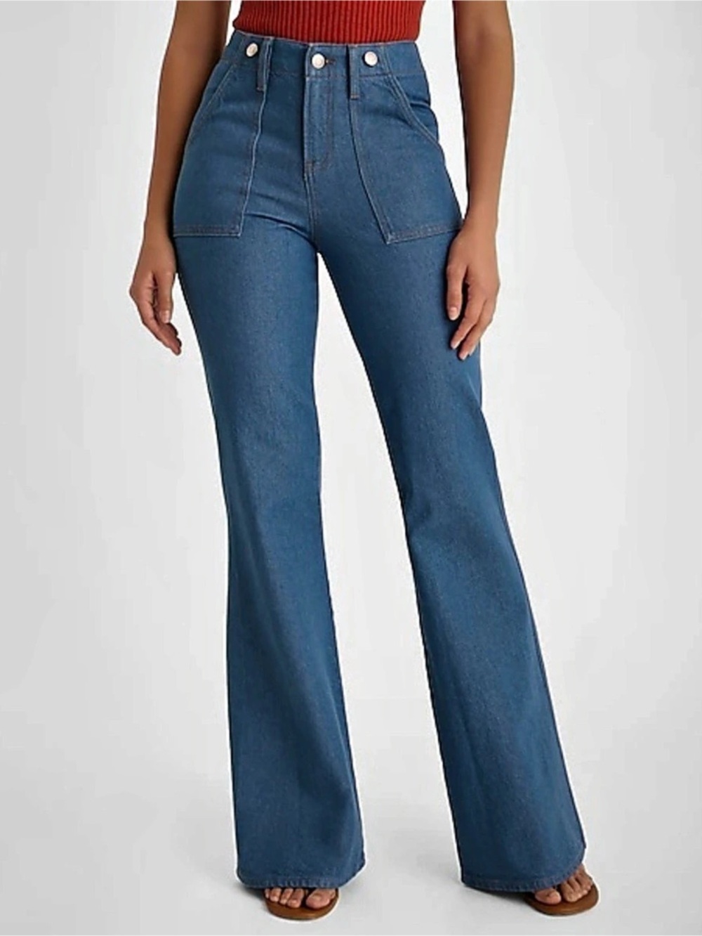 Mid Rise Medium Wash Button Detail '70s Flare Jeans Sz 10S